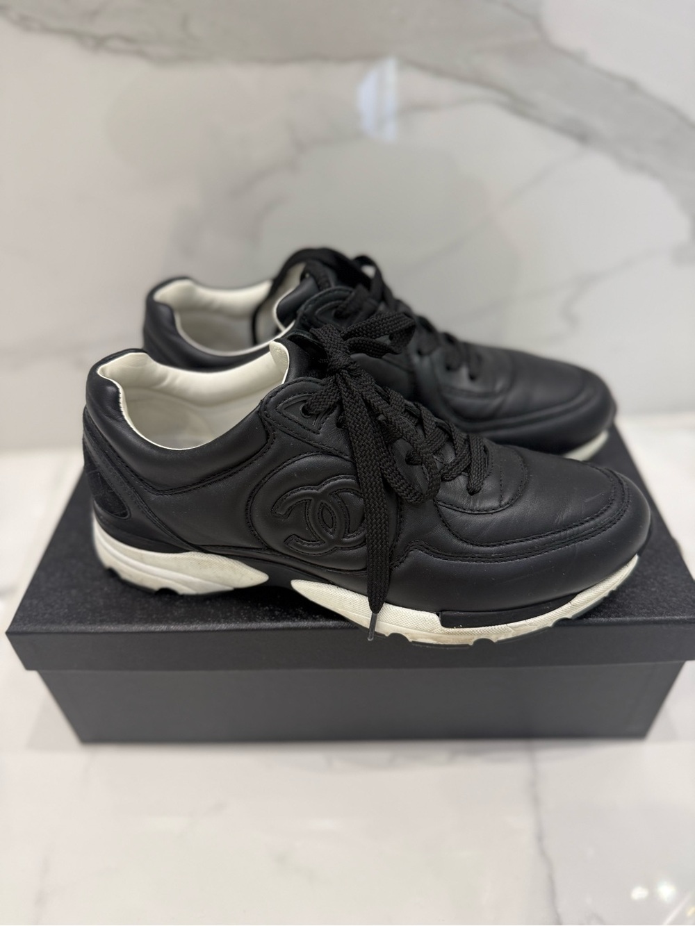 CHANEL womans Black Leather Low-Top Sneakers with Contrasting White Sole, size38 - Picture 2 of 8